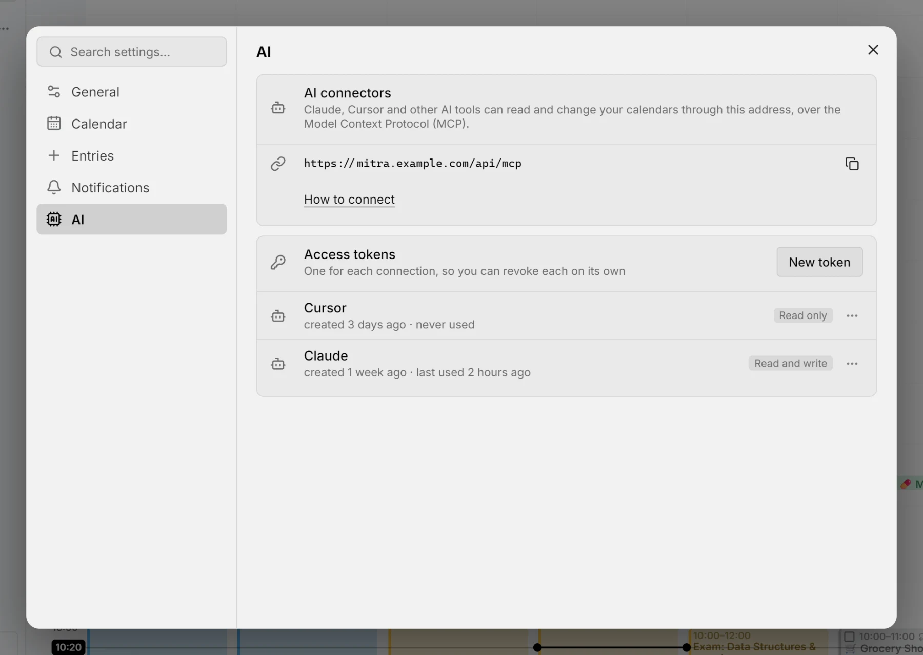 The settings dialog, open on the AI page with the address to connect to