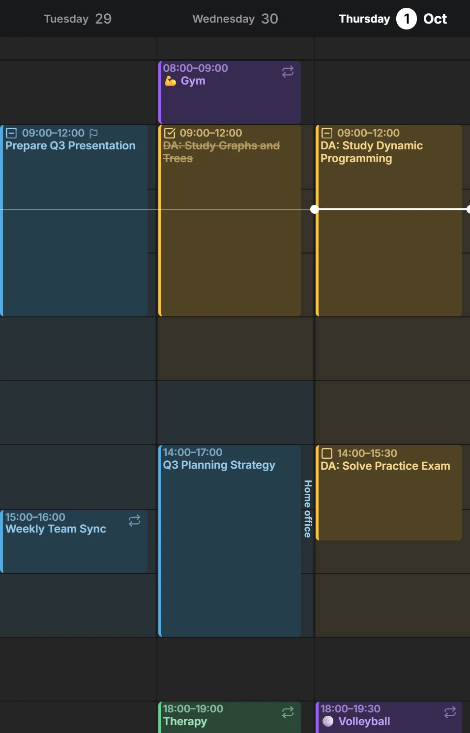 Three days of the week view: working hours and study time shaded in their calendars' colors, with Wednesday afternoon's work labelled Home office