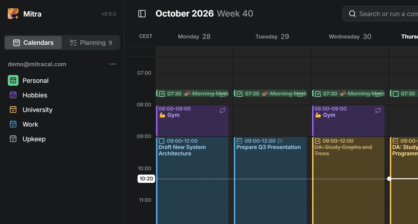 The sidebar, listing an account and its five calendars, each in its own colour