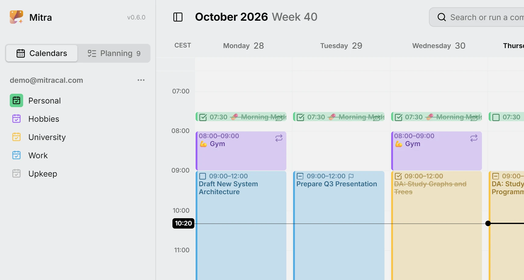 The sidebar, listing an account and its five calendars, each in its own colour