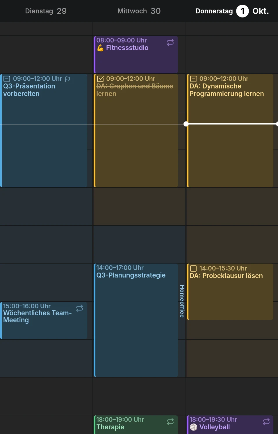 Drei Tage der Wochenansicht: Arbeitszeiten und Lernzeit in den Farben ihrer Kalender schattiert, die Arbeit am Mittwochnachmittag mit dem Namen Home Office