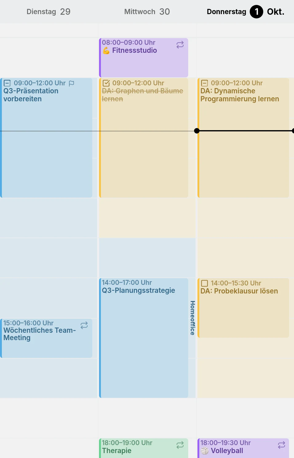Drei Tage der Wochenansicht: Arbeitszeiten und Lernzeit in den Farben ihrer Kalender schattiert, die Arbeit am Mittwochnachmittag mit dem Namen Home Office