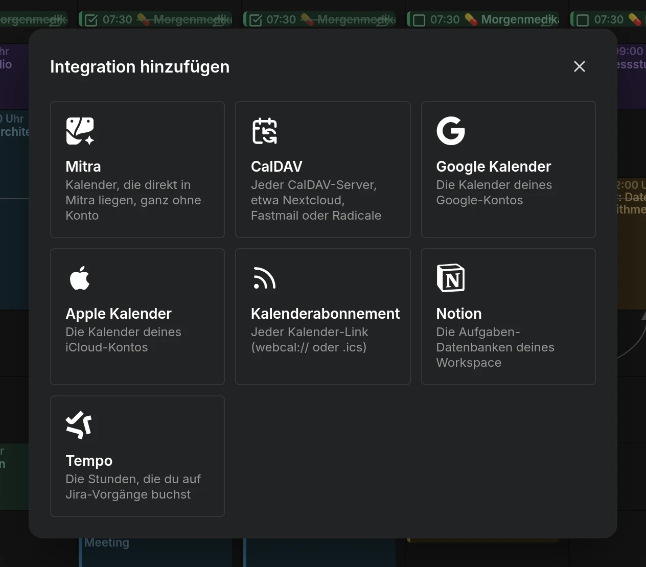 Der Dialog Integration hinzufügen mit Mitra, CalDAV, Google Calendar, Apple Calendar, Kalenderabonnements, Notion und Tempo