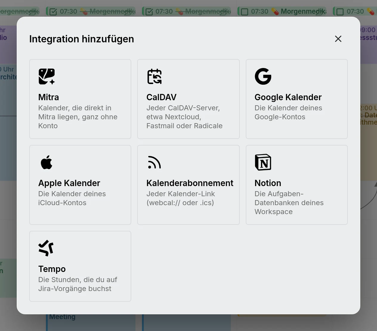 Der Dialog Integration hinzufügen mit Mitra, CalDAV, Google Calendar, Apple Calendar, Kalenderabonnements, Notion und Tempo