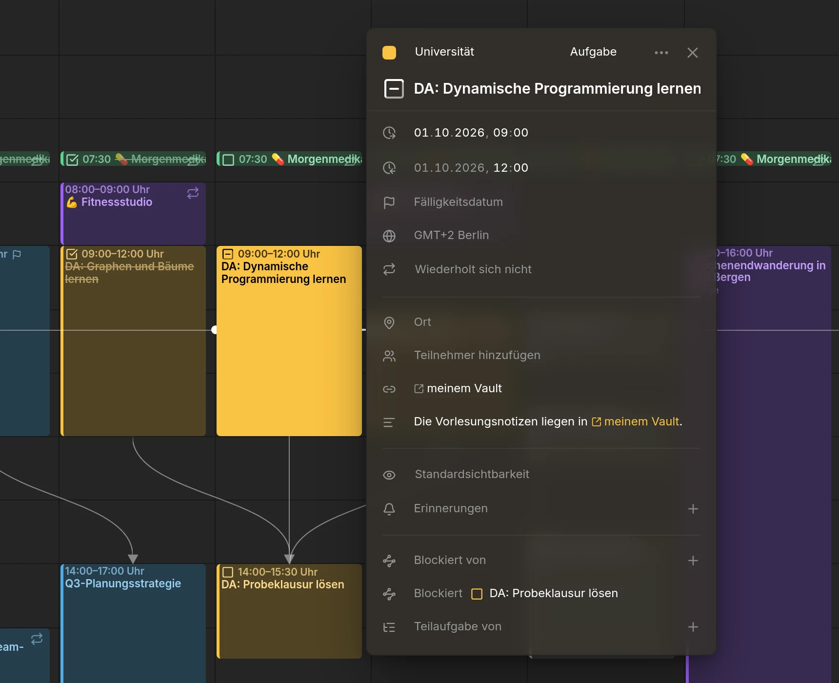 Der Editor eines Eintrags mit einer Zeile Links über der Beschreibung, die einen Link zu einer Notiz in Obsidian enthält
