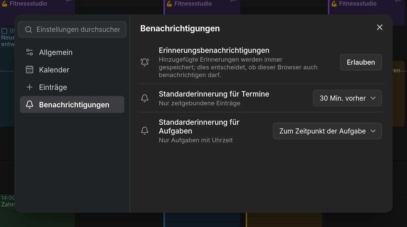 Die Einstellungsseite Benachrichtigungen mit den Standarderinnerungen, der Browserberechtigung und der Geräteliste