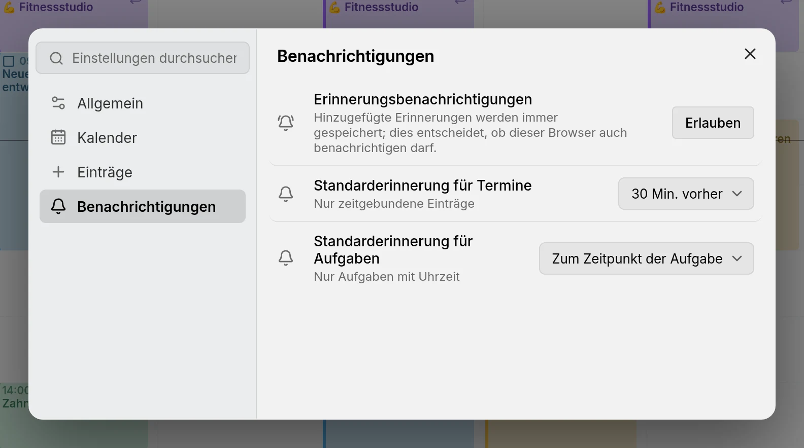 Die Einstellungsseite Benachrichtigungen mit den Standarderinnerungen, der Browserberechtigung und der Geräteliste