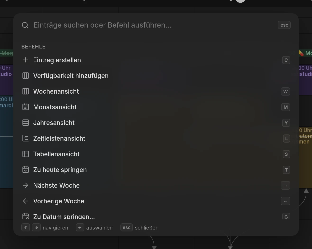 Die Befehlspalette, geöffnet über der Wochenansicht