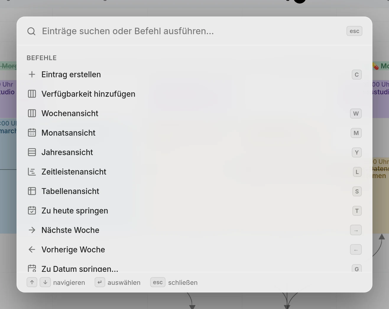 Die Befehlspalette, geöffnet über der Wochenansicht