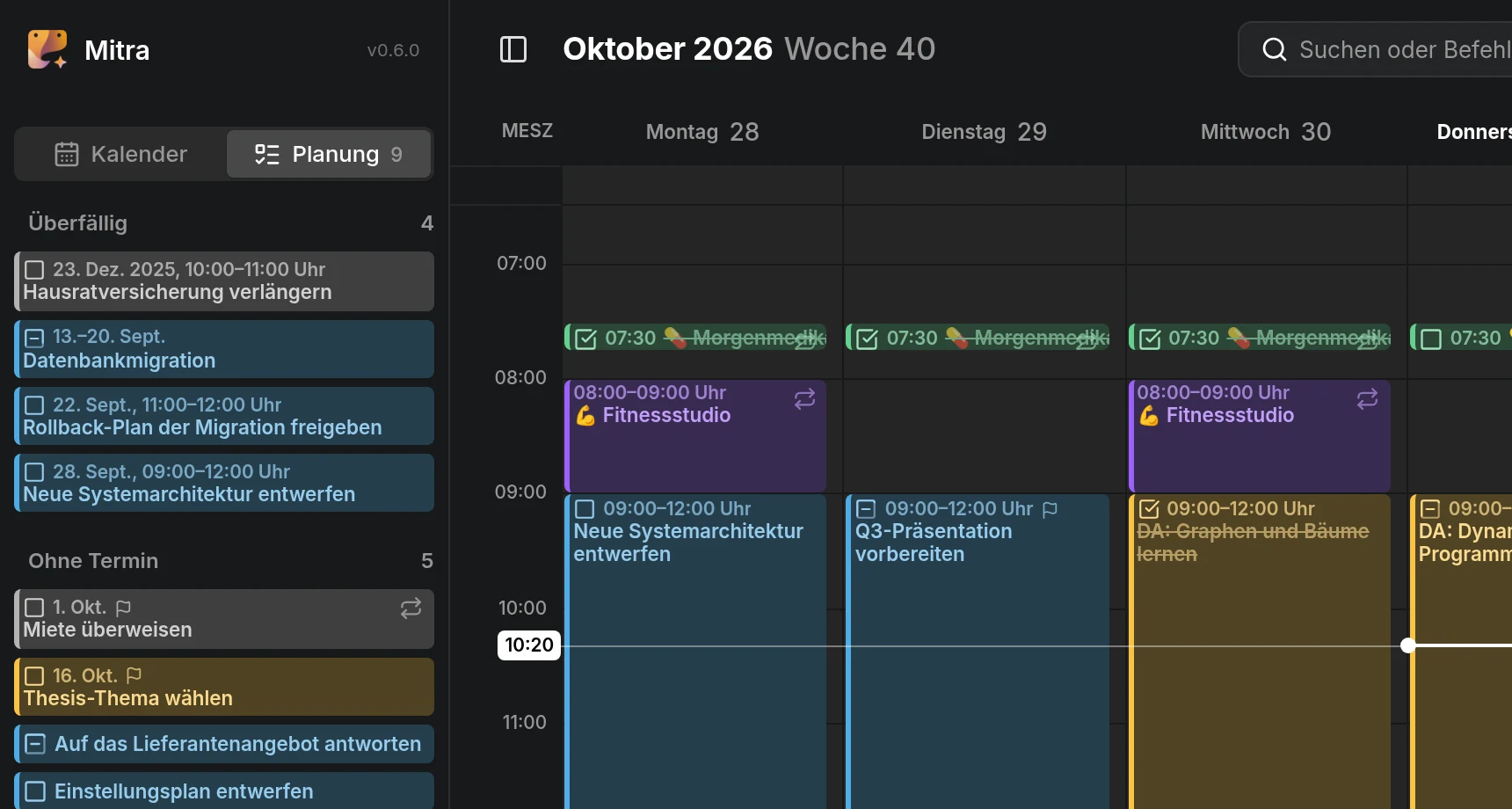Der Tab Planung der Seitenleiste mit überfälligen Aufgaben über den Aufgaben ohne Termin