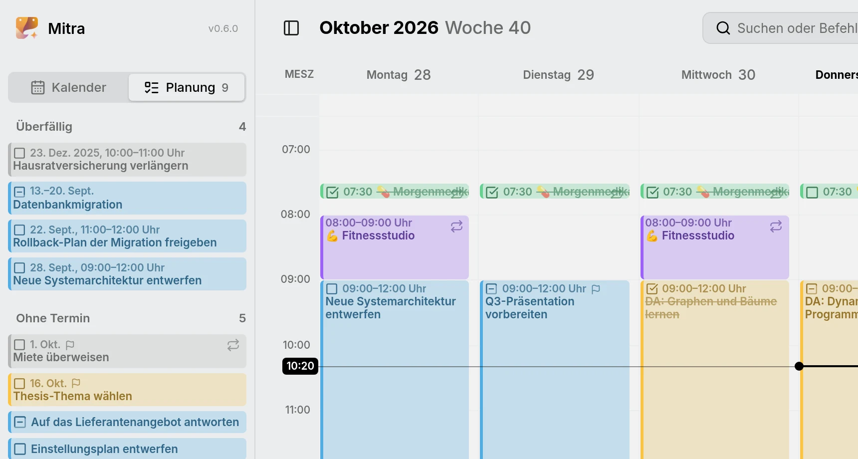 Der Tab Planung der Seitenleiste mit überfälligen Aufgaben über den Aufgaben ohne Termin