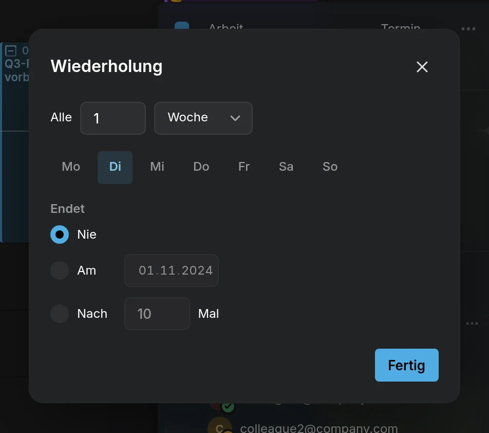 Der Dialog Wiederholung: alle 1 Woche am Dienstag, endet nie, an einem Datum oder nach einer Anzahl von Malen