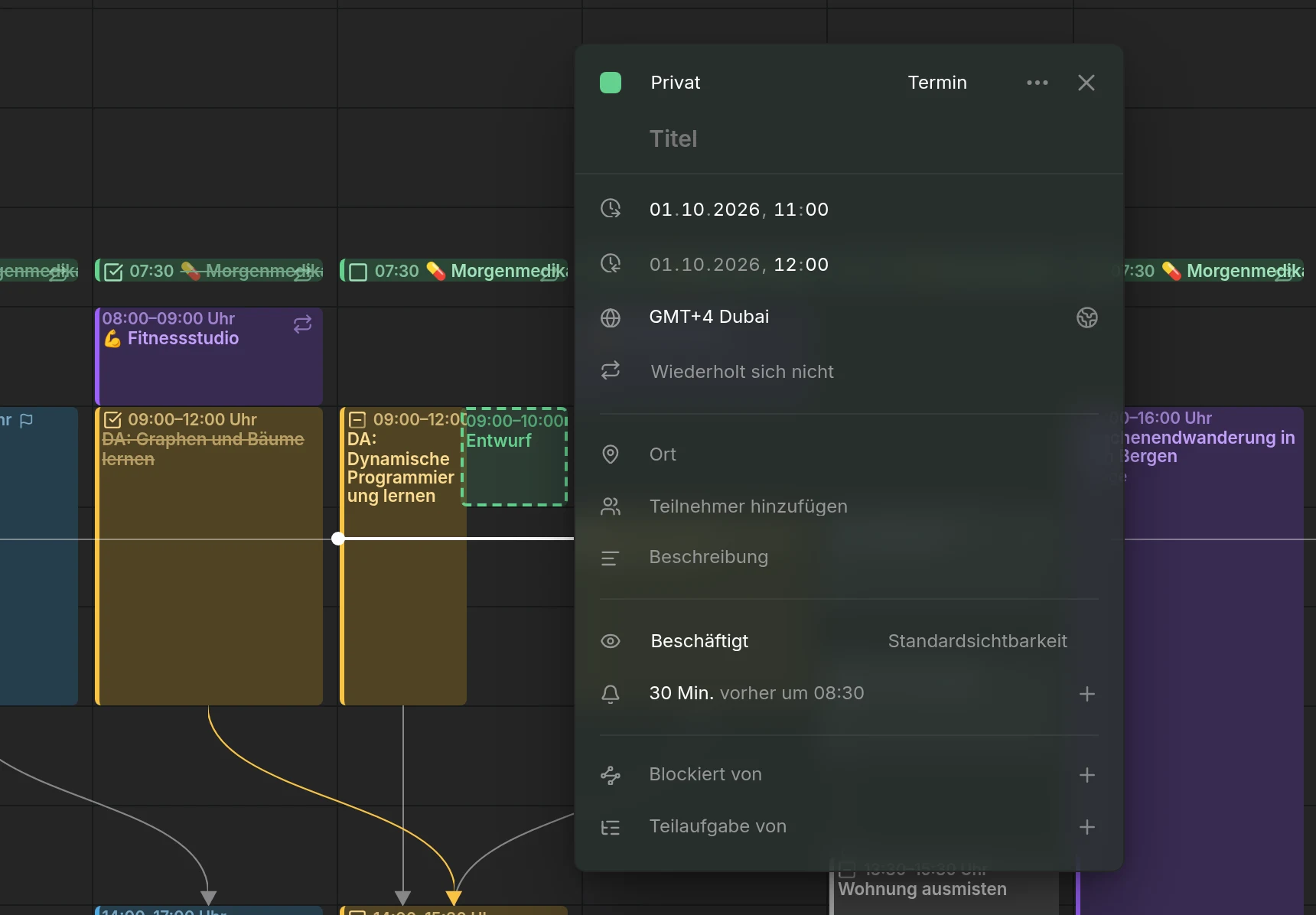 Der Editor eines neuen Eintrags mit der Zeitzone GMT+4 Dubai, der 11:00 Uhr in Dubai zeigt, während der Eintrag in der Berliner Woche dahinter um 9:00 Uhr liegt