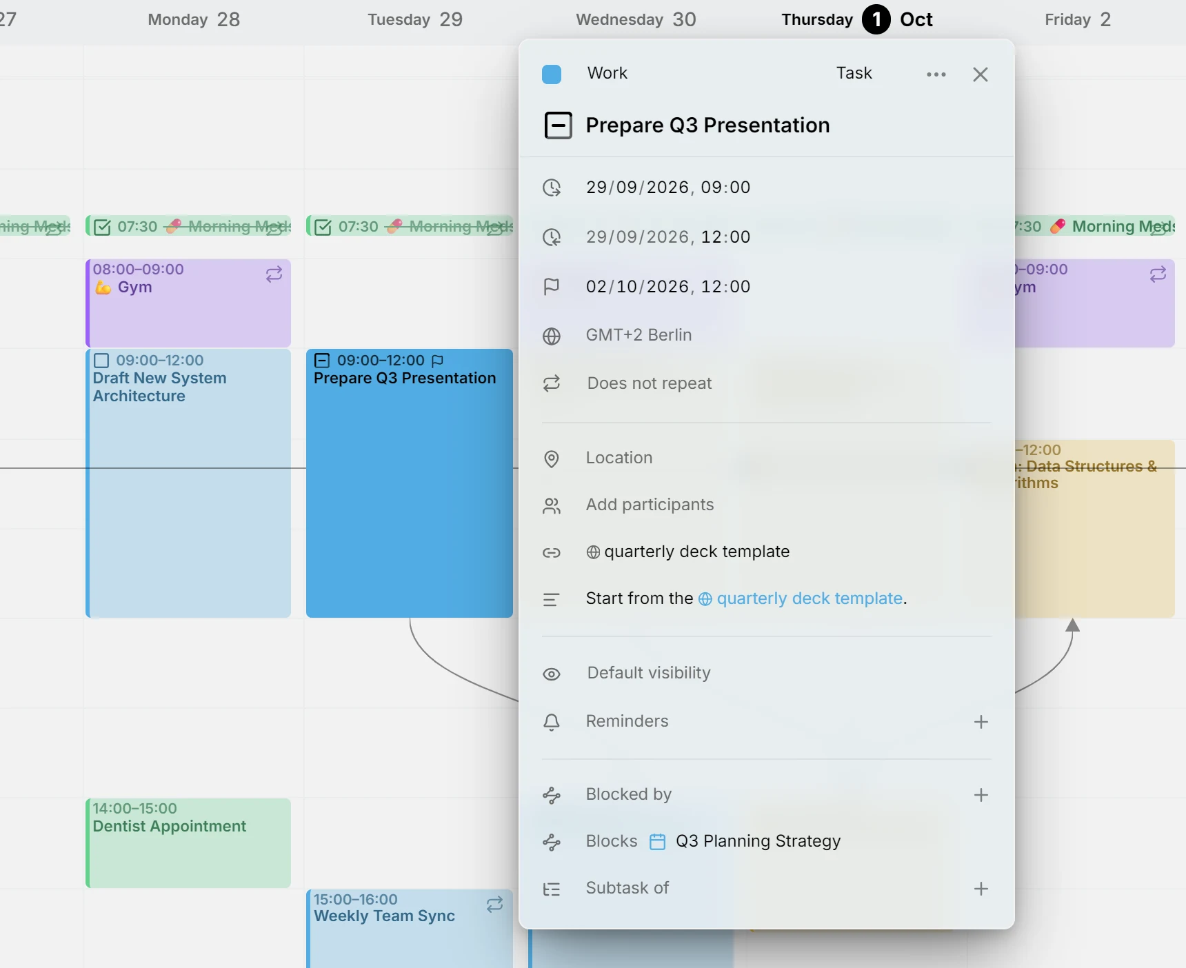 The editor of a task in the Work calendar, with its status checkbox and title, its start, end and due date, a link and a description, its visibility, reminders and relationships