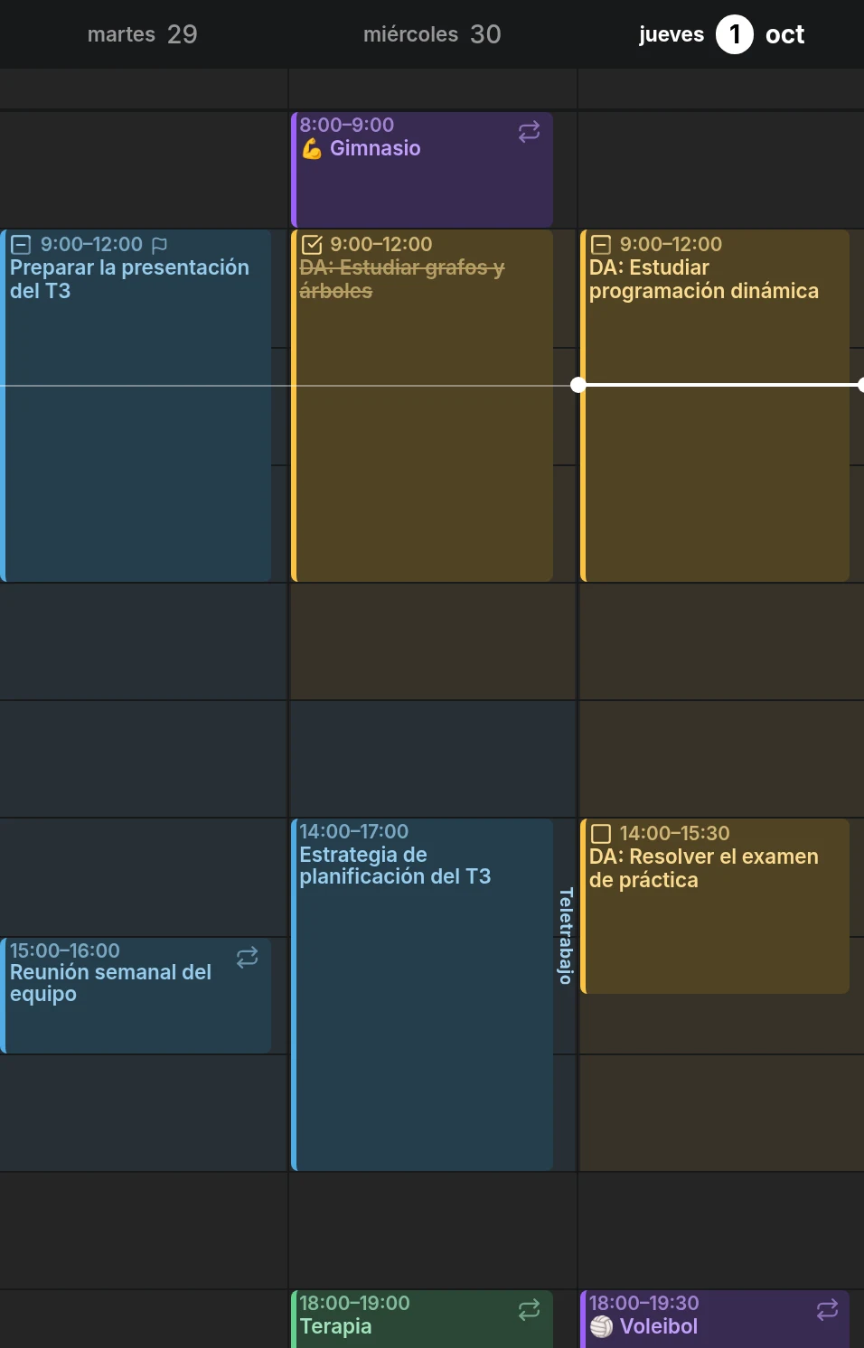 Tres días de la vista de semana: el horario laboral y el tiempo de estudio sombreados con los colores de sus calendarios, y el trabajo de la tarde del miércoles con la etiqueta Home office