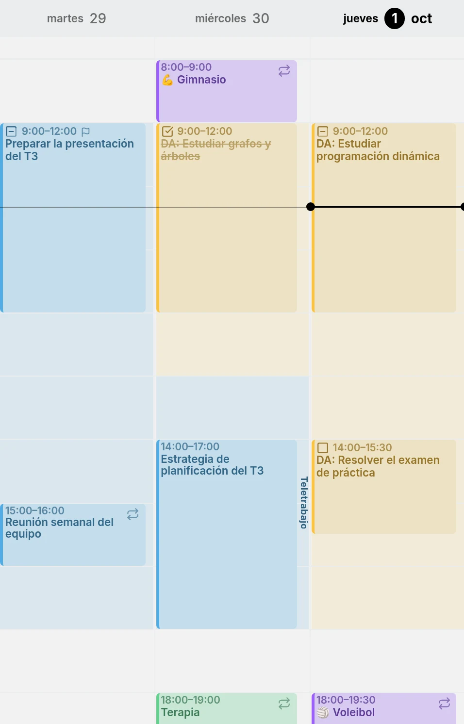 Tres días de la vista de semana: el horario laboral y el tiempo de estudio sombreados con los colores de sus calendarios, y el trabajo de la tarde del miércoles con la etiqueta Home office