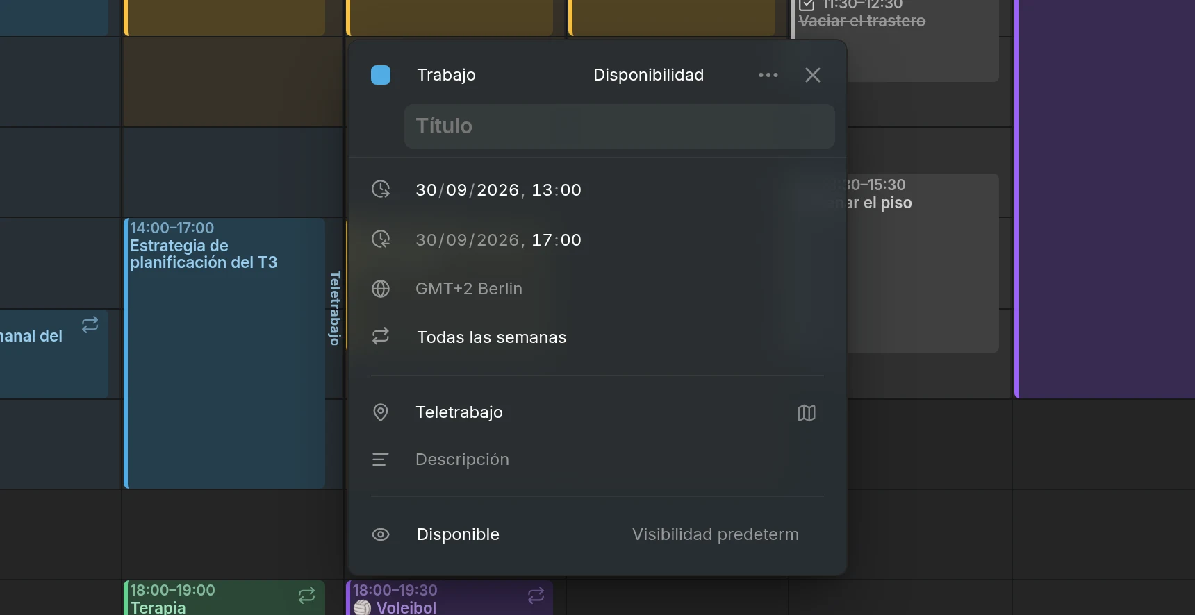 El editor del trabajo del miércoles: su hora, su repetición semanal, Home office como lugar y Disponible