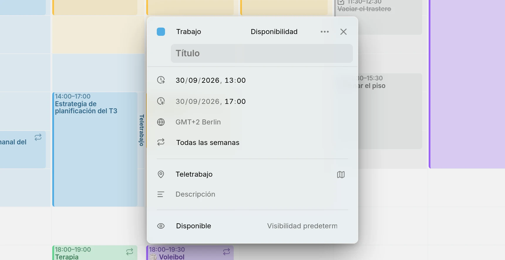 El editor del trabajo del miércoles: su hora, su repetición semanal, Home office como lugar y Disponible