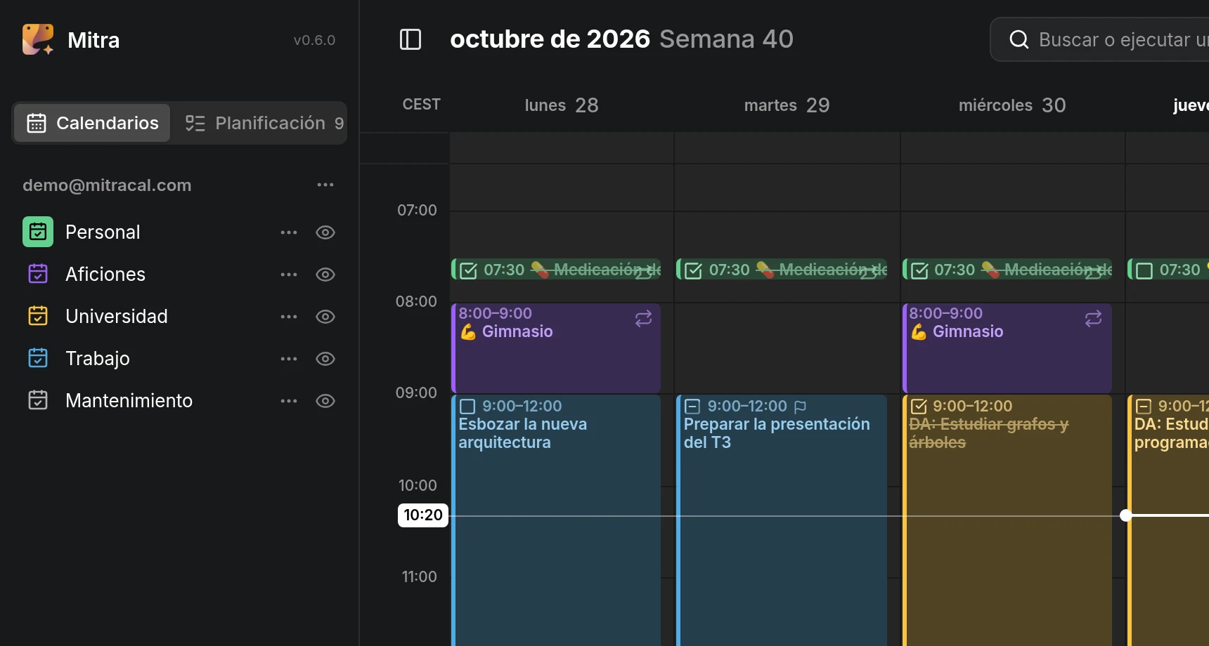 La barra lateral, con una cuenta y sus cinco calendarios, cada uno de su propio color
