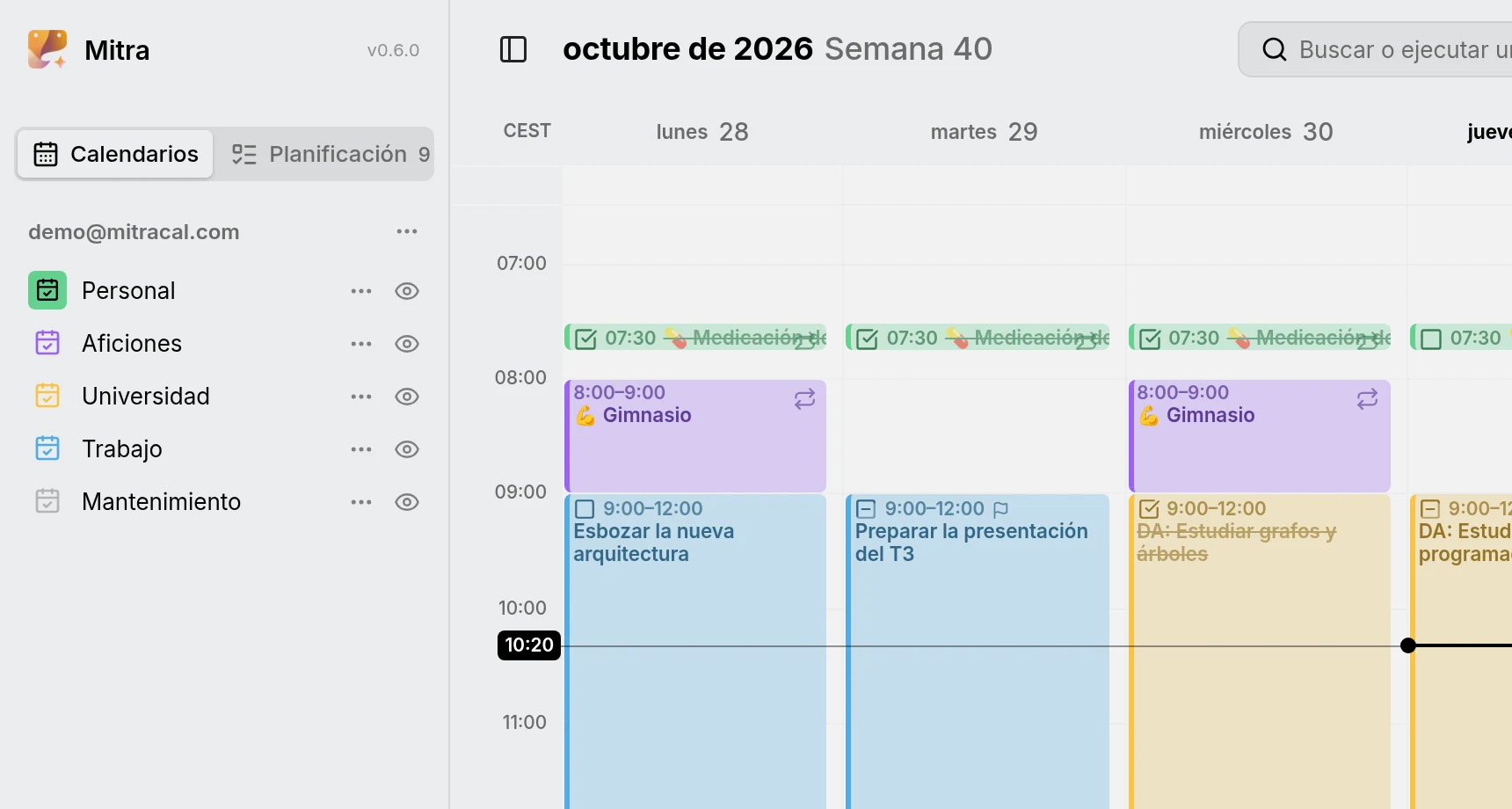 La barra lateral, con una cuenta y sus cinco calendarios, cada uno de su propio color