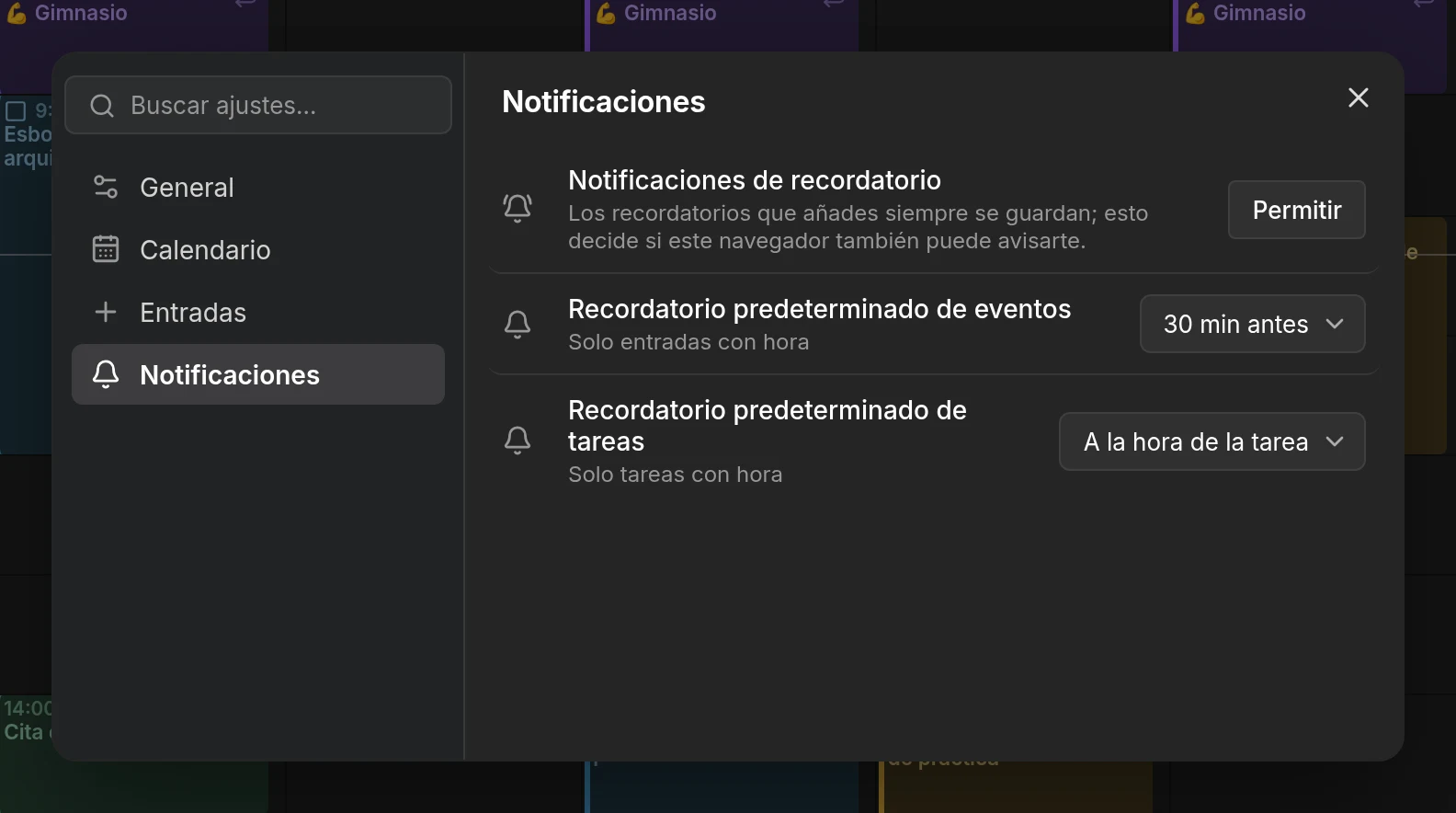 La página de ajustes de Notificaciones, con los recordatorios predeterminados, el permiso del navegador y la lista de dispositivos