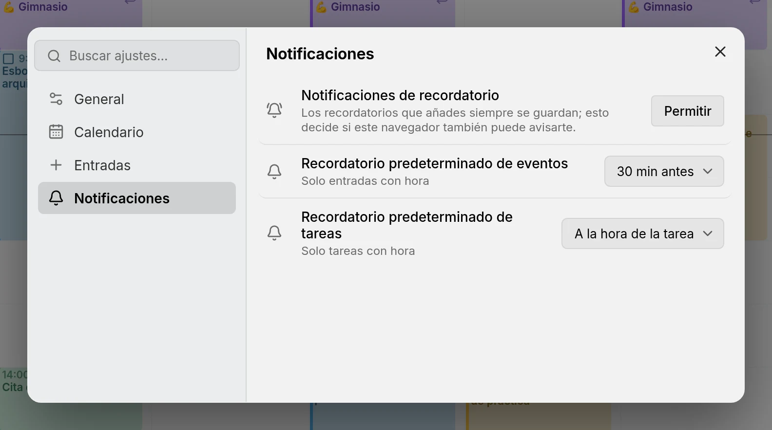 La página de ajustes de Notificaciones, con los recordatorios predeterminados, el permiso del navegador y la lista de dispositivos
