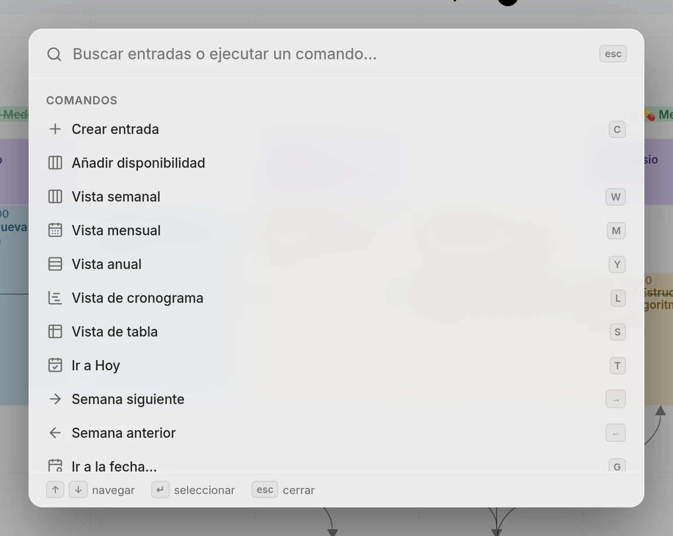 La paleta de comandos abierta sobre la vista de semana