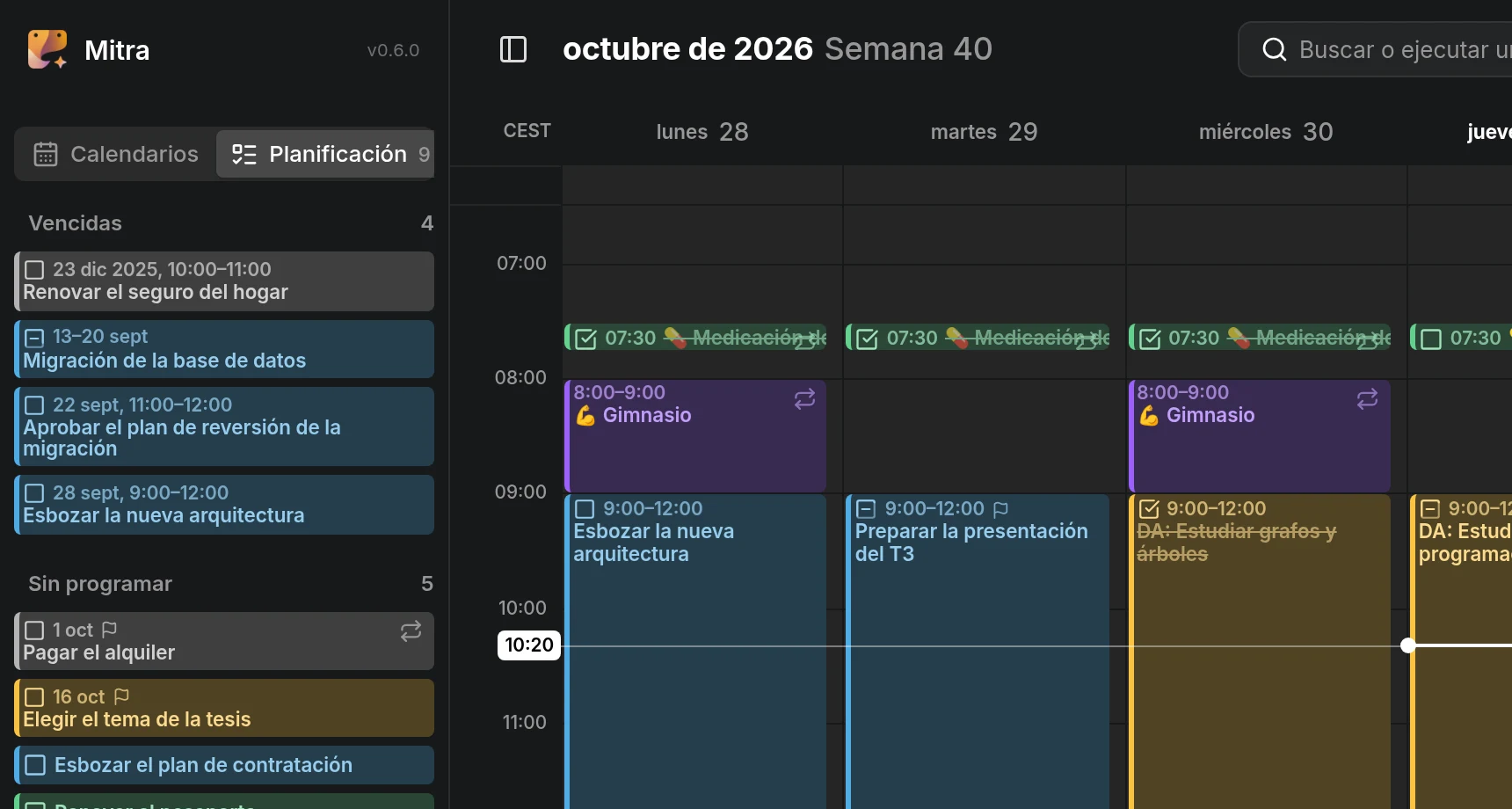La pestaña Planificación de la barra lateral, con las tareas vencidas encima de las que están sin programar