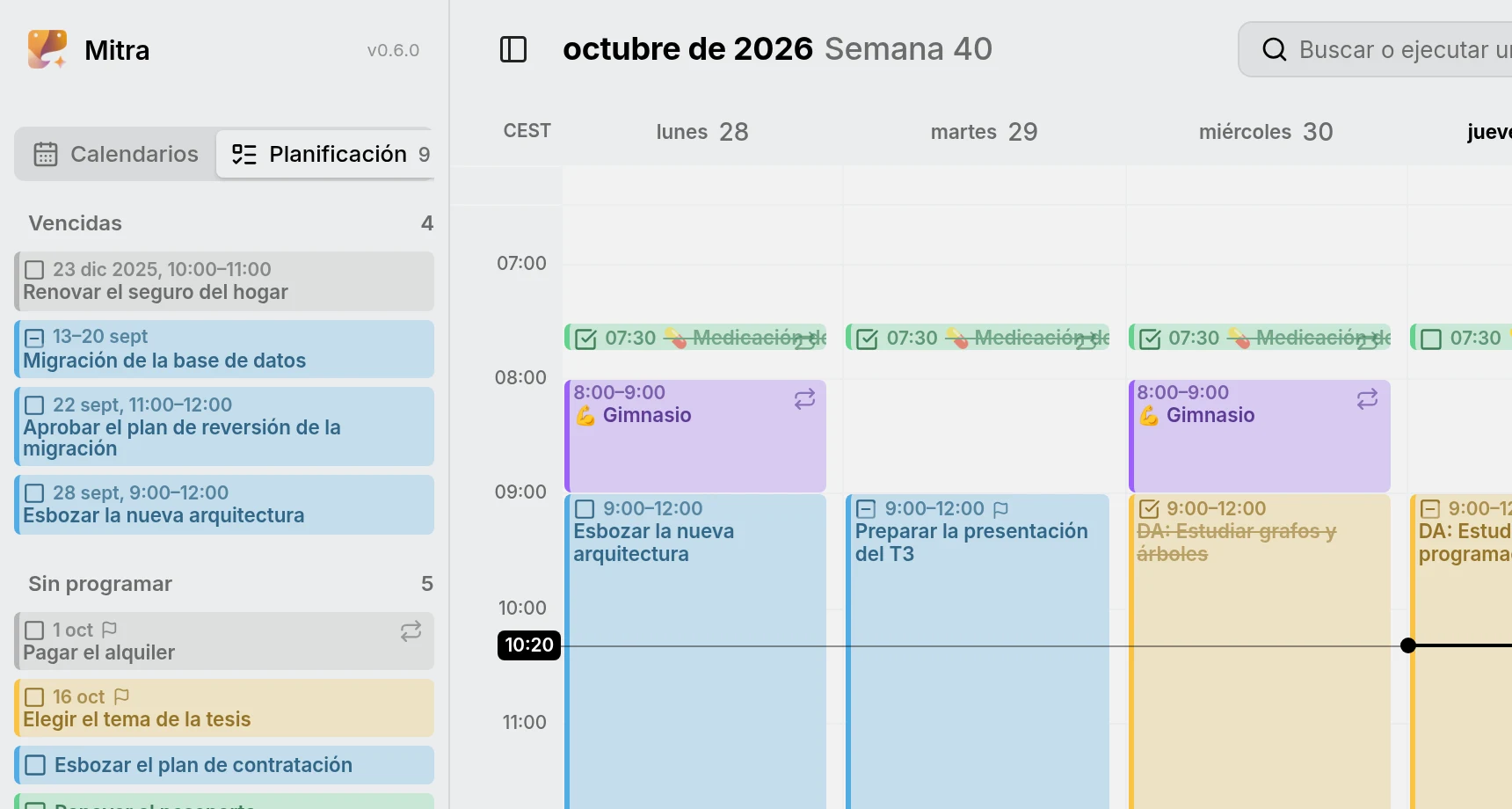 La pestaña Planificación de la barra lateral, con las tareas vencidas encima de las que están sin programar