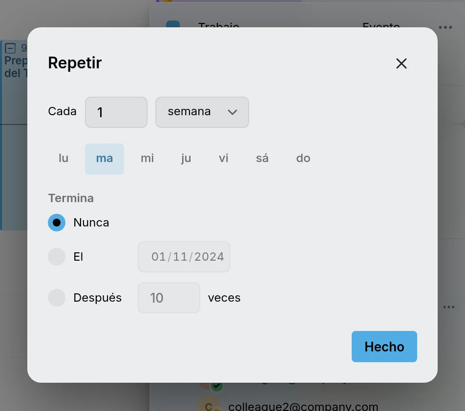 El diálogo Repetir: cada 1 semana el martes, que termina nunca, en una fecha o tras un número de veces