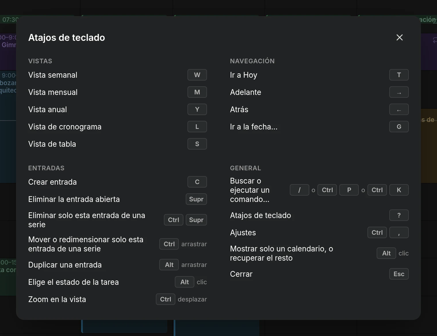 La hoja de atajos de teclado, abierta con la tecla del signo de interrogación