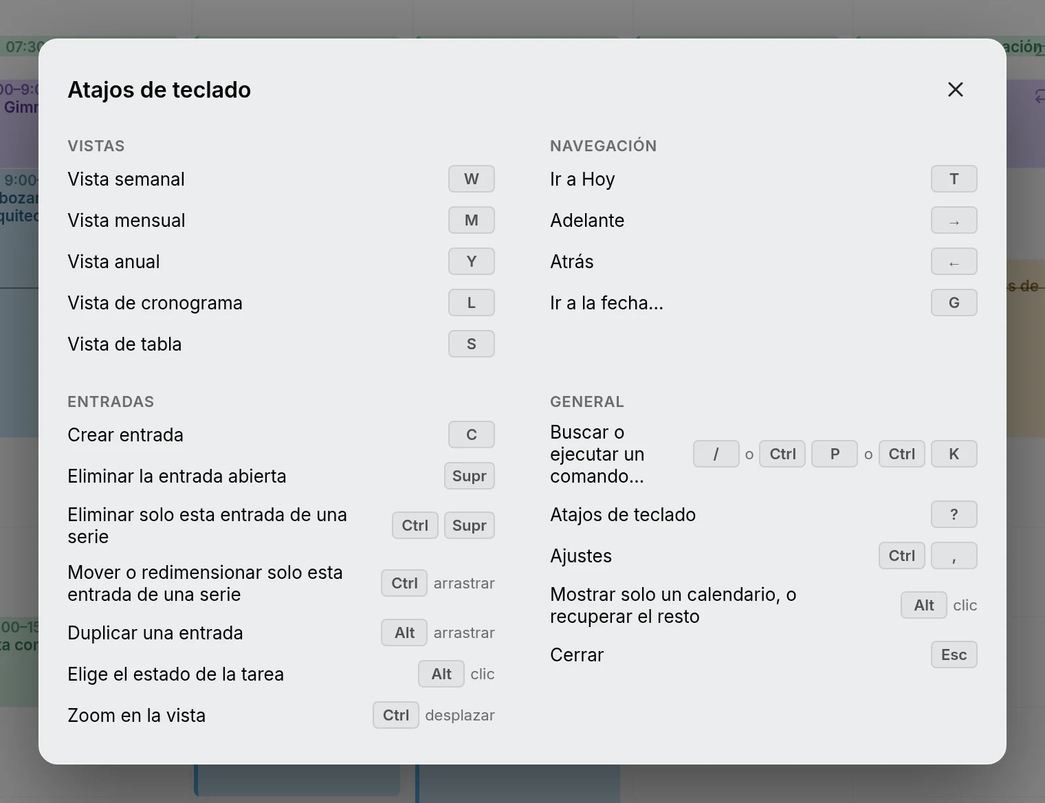 La hoja de atajos de teclado, abierta con la tecla del signo de interrogación
