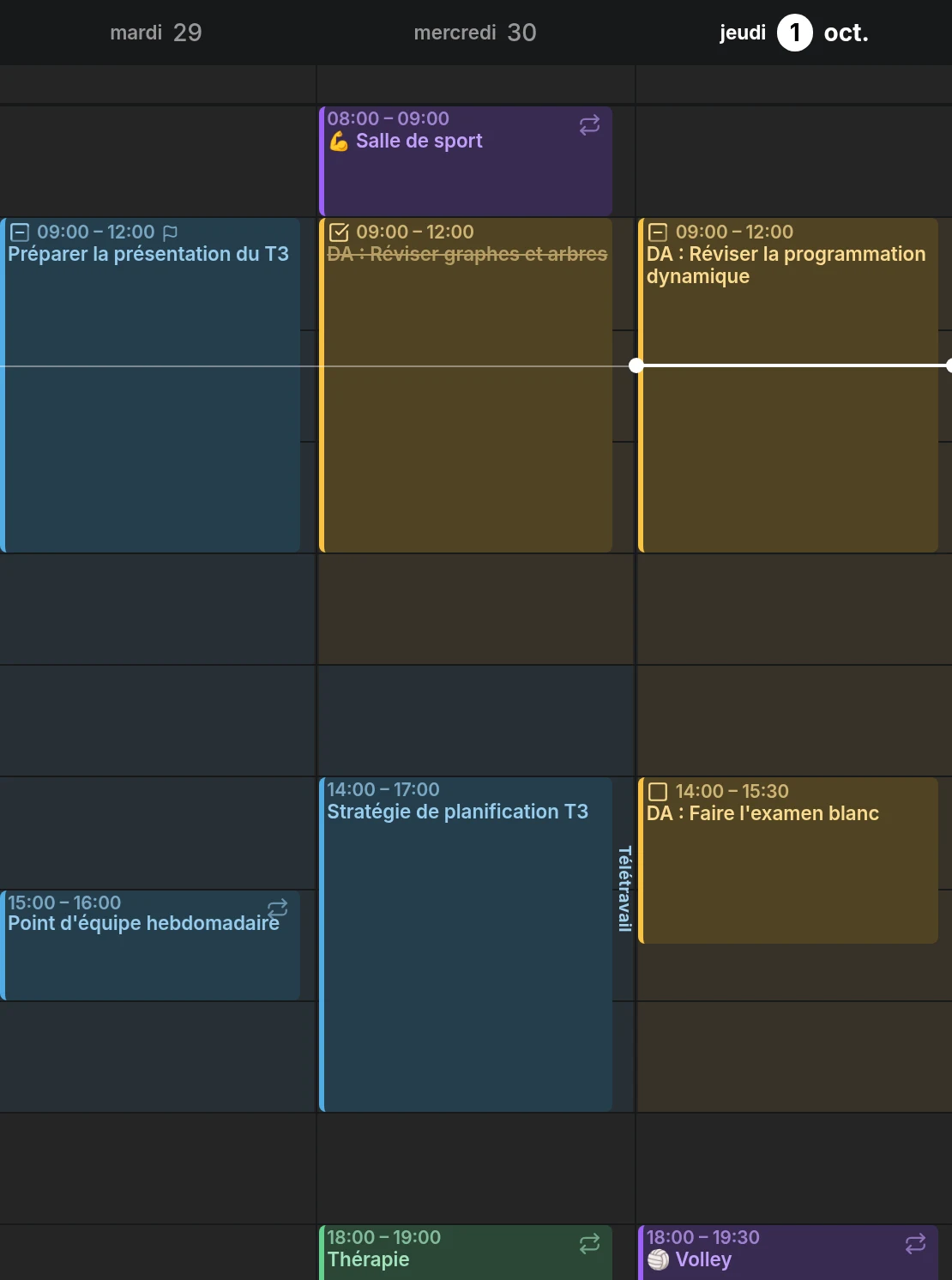 Trois jours de la vue semaine : heures de travail et temps d'étude grisés aux couleurs de leurs calendriers, avec le travail de mercredi après-midi intitulé Télétravail