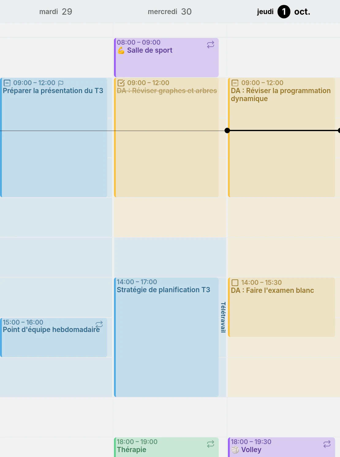 Trois jours de la vue semaine : heures de travail et temps d'étude grisés aux couleurs de leurs calendriers, avec le travail de mercredi après-midi intitulé Télétravail