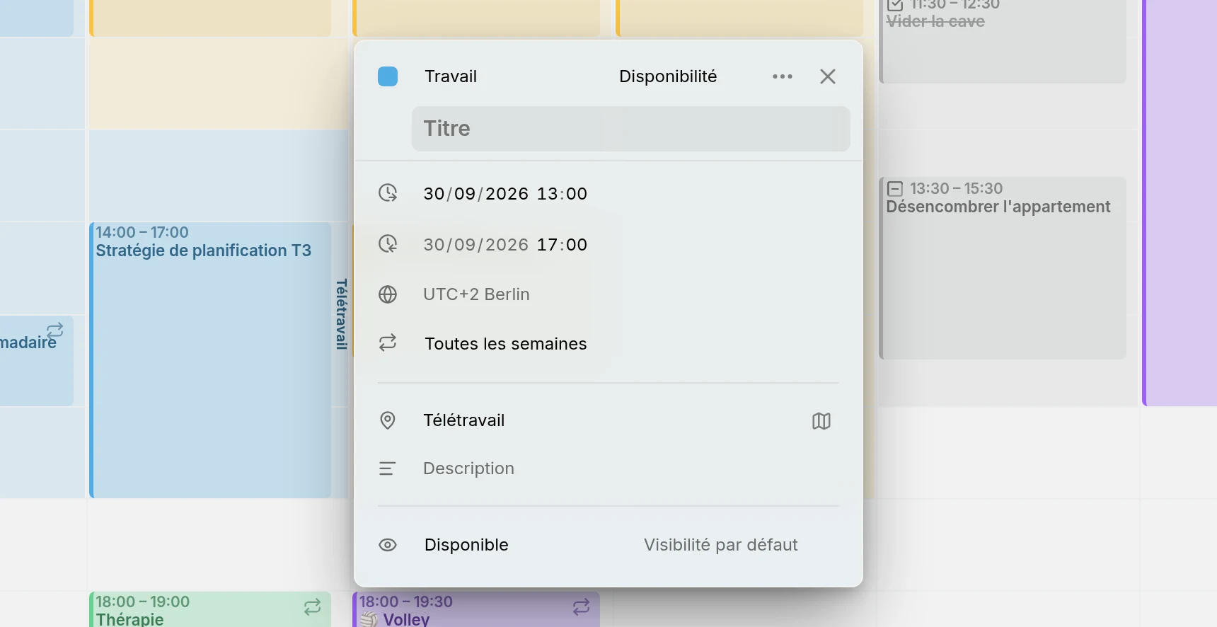 L'éditeur du travail de mercredi : son horaire, sa répétition hebdomadaire, Télétravail comme lieu, et Disponible