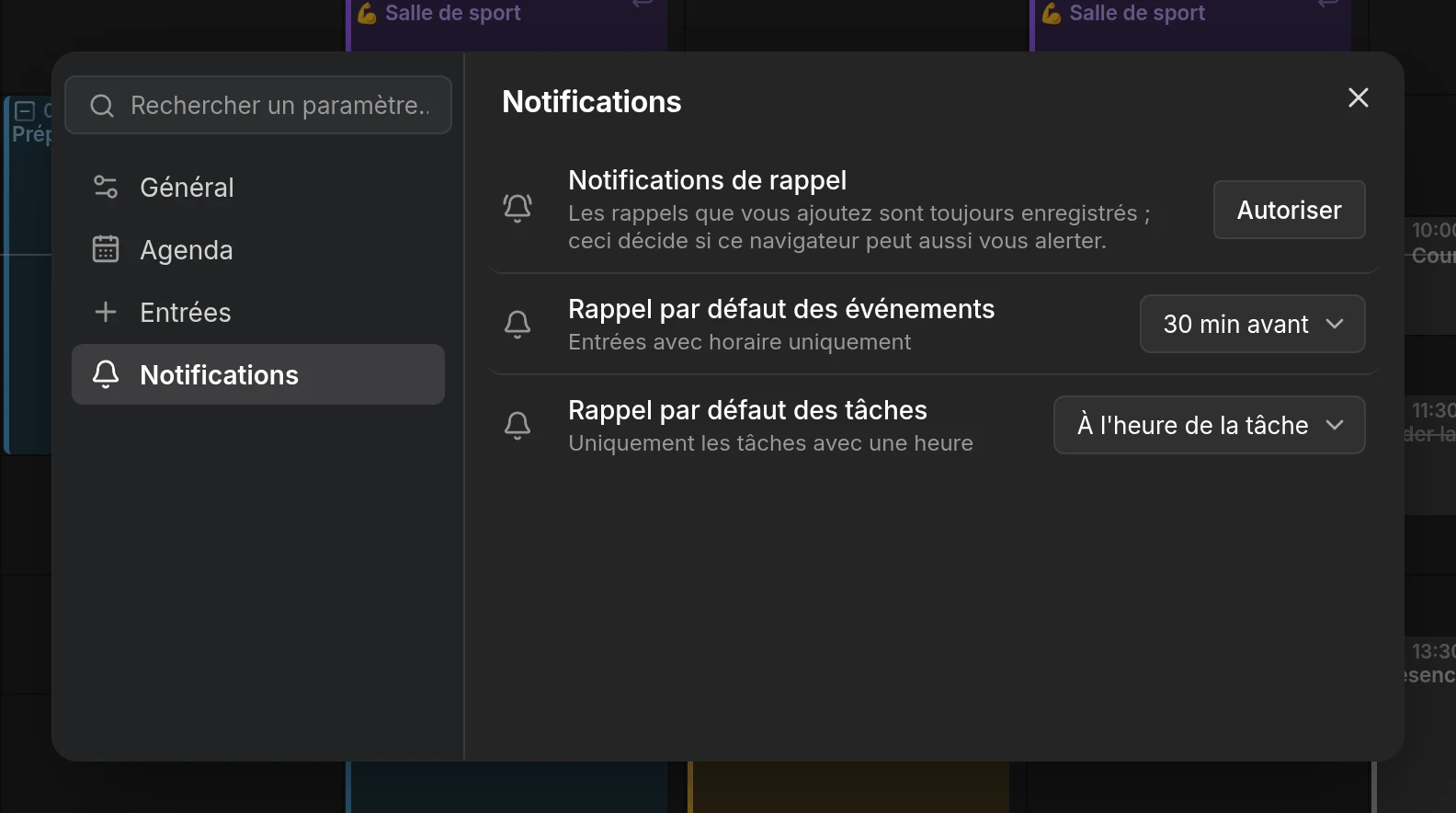 La page de paramètres Notifications, avec les rappels par défaut, l'autorisation du navigateur et la liste des appareils