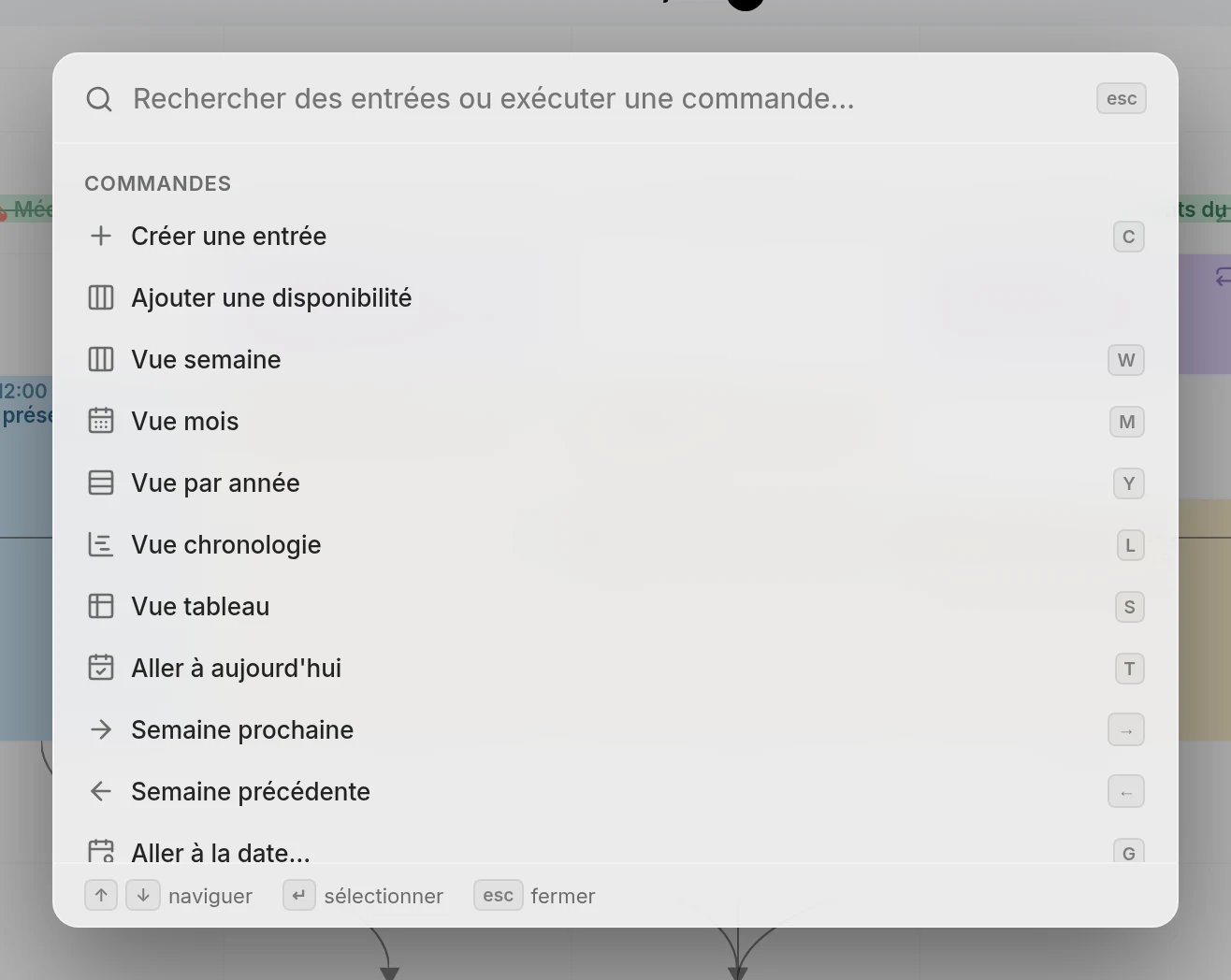 La palette de commandes ouverte sur la vue semaine
