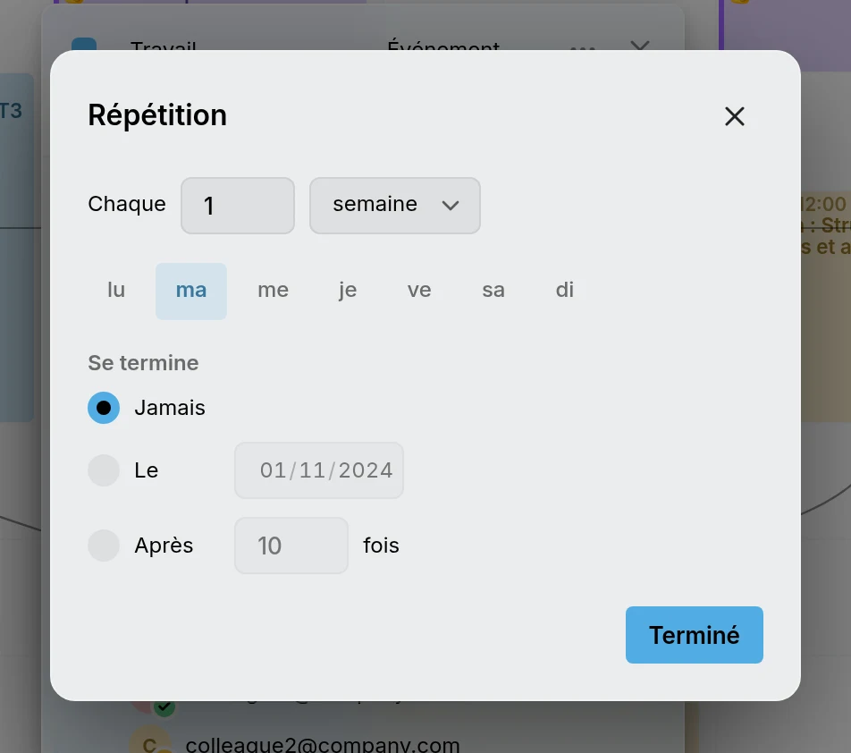 La boîte de dialogue Répétition : chaque semaine le mardi, se termine jamais, à une date, ou après un nombre de fois