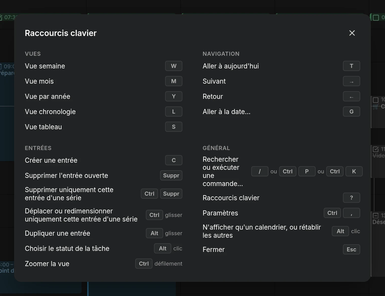 La feuille des raccourcis clavier, ouverte avec la touche point d'interrogation