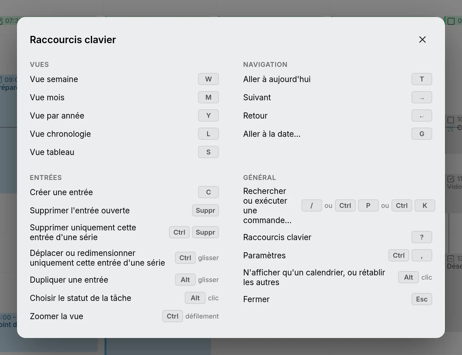 La feuille des raccourcis clavier, ouverte avec la touche point d'interrogation
