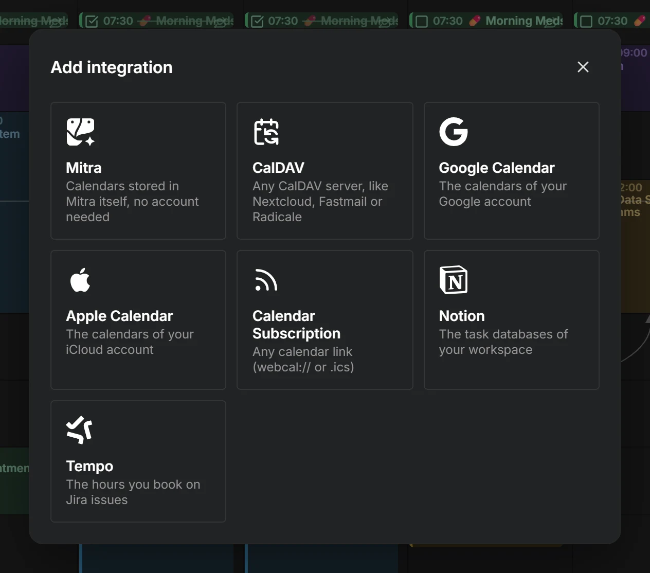 The Add integration dialog, offering Mitra, CalDAV, Google Calendar, Apple Calendar, calendar subscriptions, Notion and Tempo