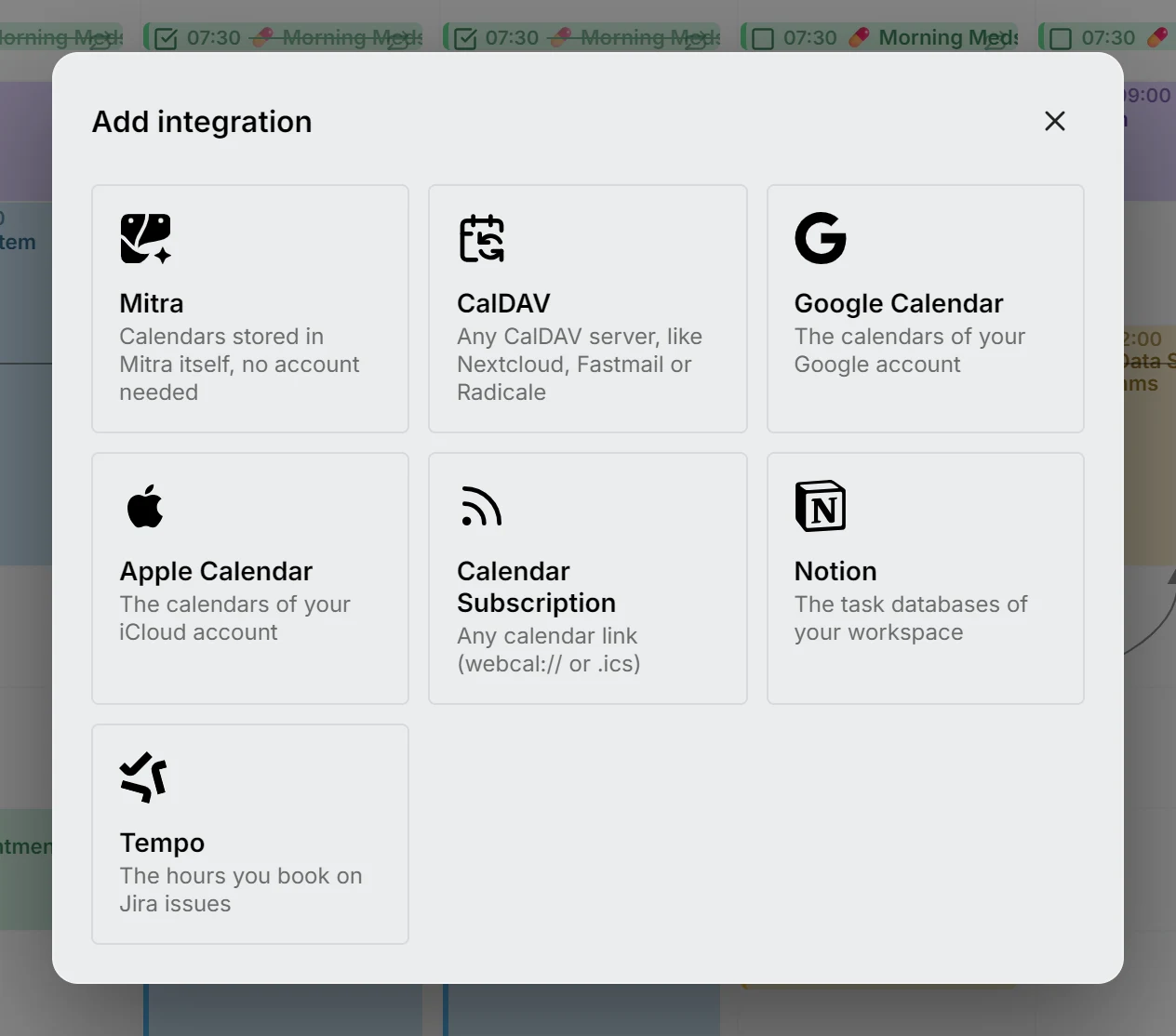 The Add integration dialog, offering Mitra, CalDAV, Google Calendar, Apple Calendar, calendar subscriptions, Notion and Tempo