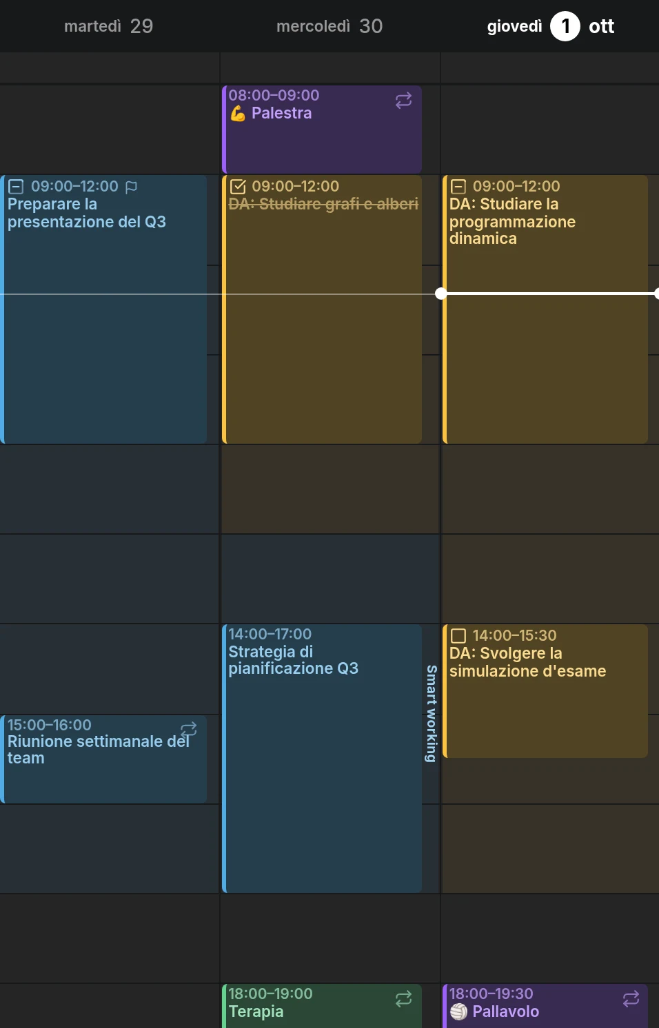Tre giorni della vista settimanale: orario di lavoro e tempo di studio colorati con i colori dei rispettivi calendari, con il lavoro del mercoledì pomeriggio indicato come Smart working