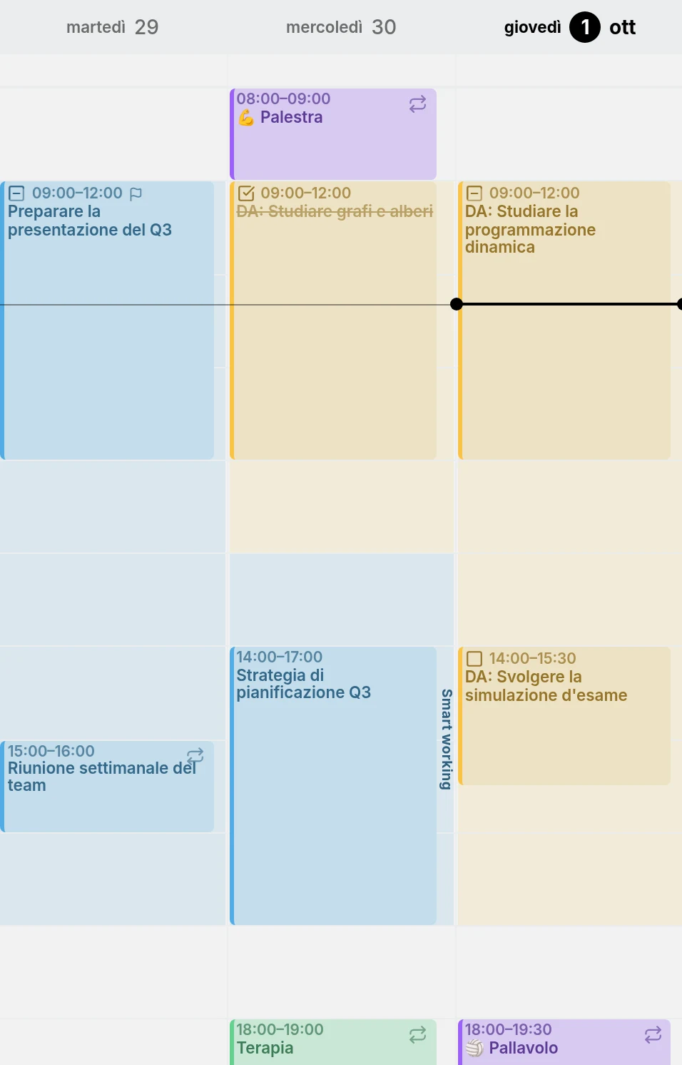Tre giorni della vista settimanale: orario di lavoro e tempo di studio colorati con i colori dei rispettivi calendari, con il lavoro del mercoledì pomeriggio indicato come Smart working