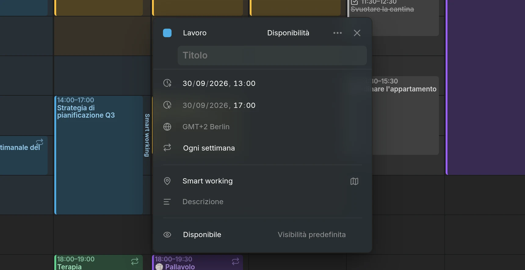 L'editor del lavoro del mercoledì: il suo orario, la ripetizione settimanale, Smart working come luogo, e Disponibile