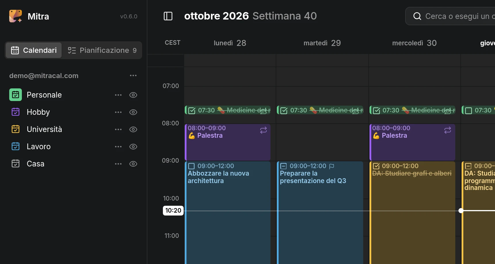 La barra laterale, con un account e i suoi cinque calendari, ciascuno del suo colore