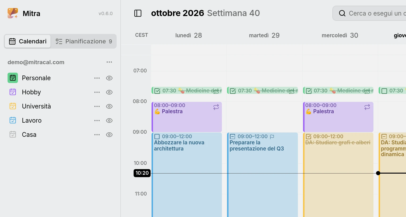 La barra laterale, con un account e i suoi cinque calendari, ciascuno del suo colore