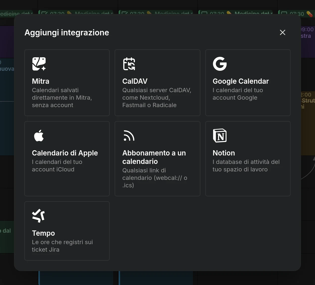 La finestra Aggiungi integrazione, che propone Mitra, CalDAV, Google Calendar, Apple Calendar, abbonamenti a calendari, Notion e Tempo