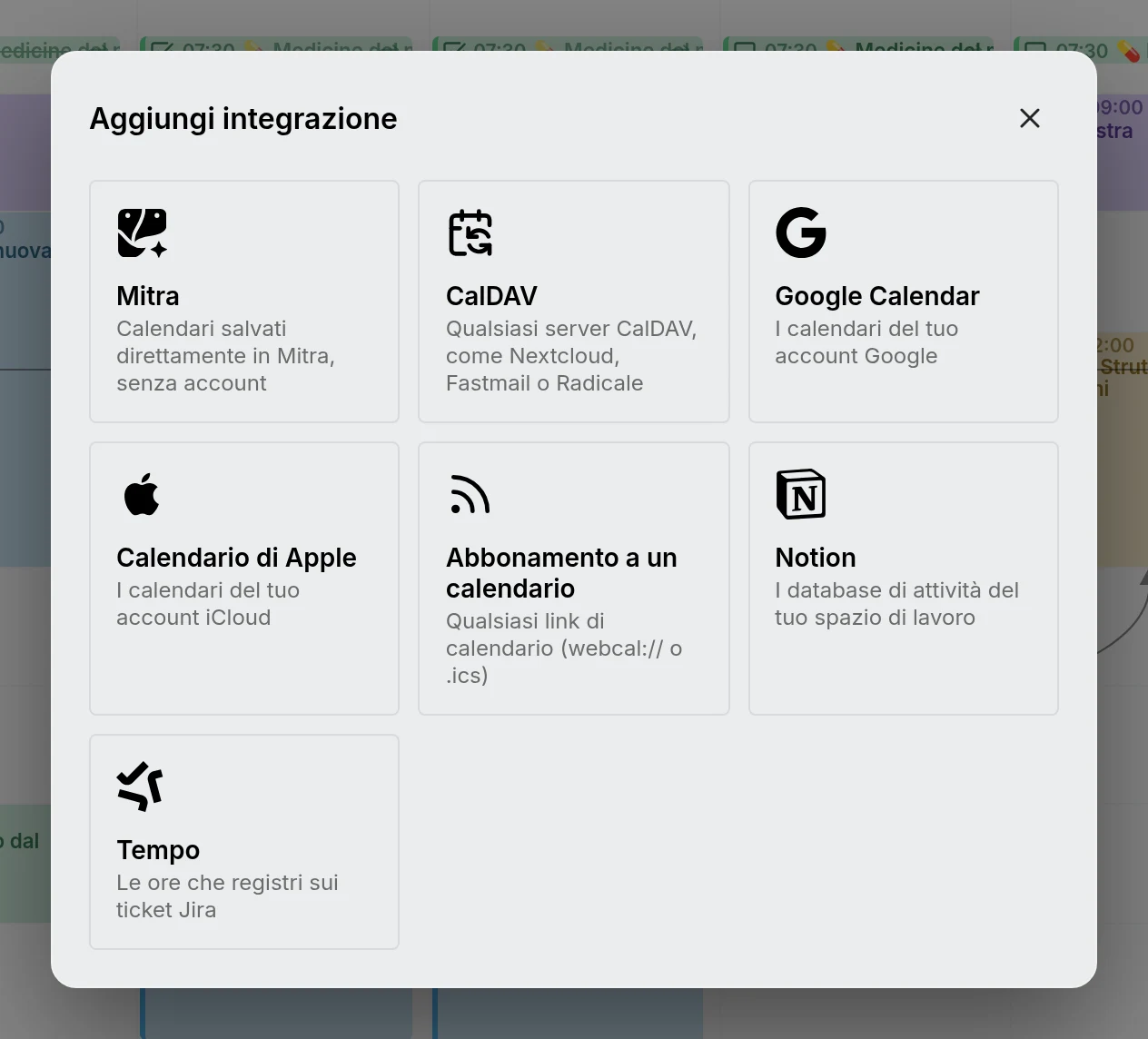 La finestra Aggiungi integrazione, che propone Mitra, CalDAV, Google Calendar, Apple Calendar, abbonamenti a calendari, Notion e Tempo