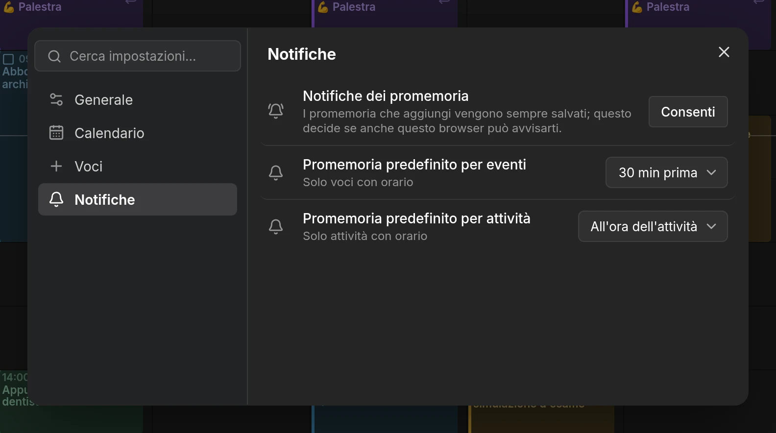 La pagina delle impostazioni Notifiche, con i promemoria predefiniti, il permesso del browser e l'elenco dei dispositivi
